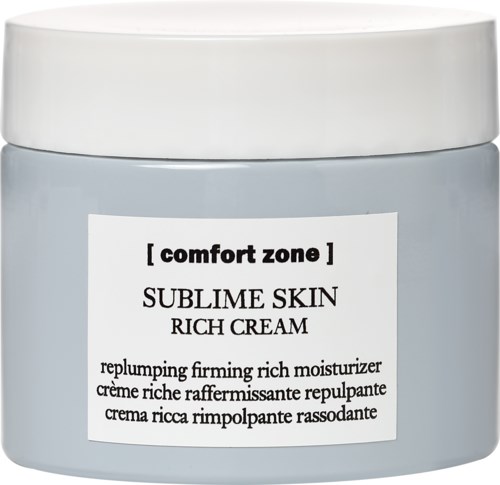 En rund behållare med hudkräm märkt "Sublime Skin Rich Cream" för återfuktning och fasthet.