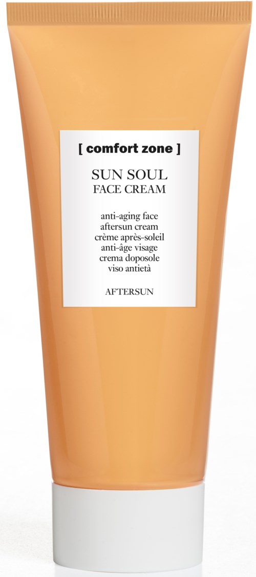 En ferskenfarvet tube med Comfort Zone Sun Soul Face Cream og hvid låg, mærket som anti-aldrings aftersuncreme.