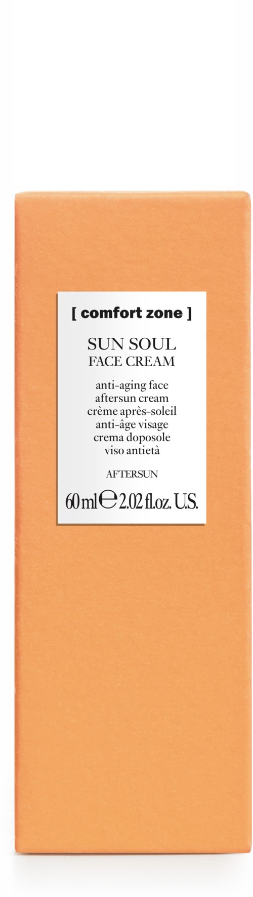 En ferskenfarvet æske med hvid etikette, viser en solsymbol og ordene "Sun Soul Face Cream".