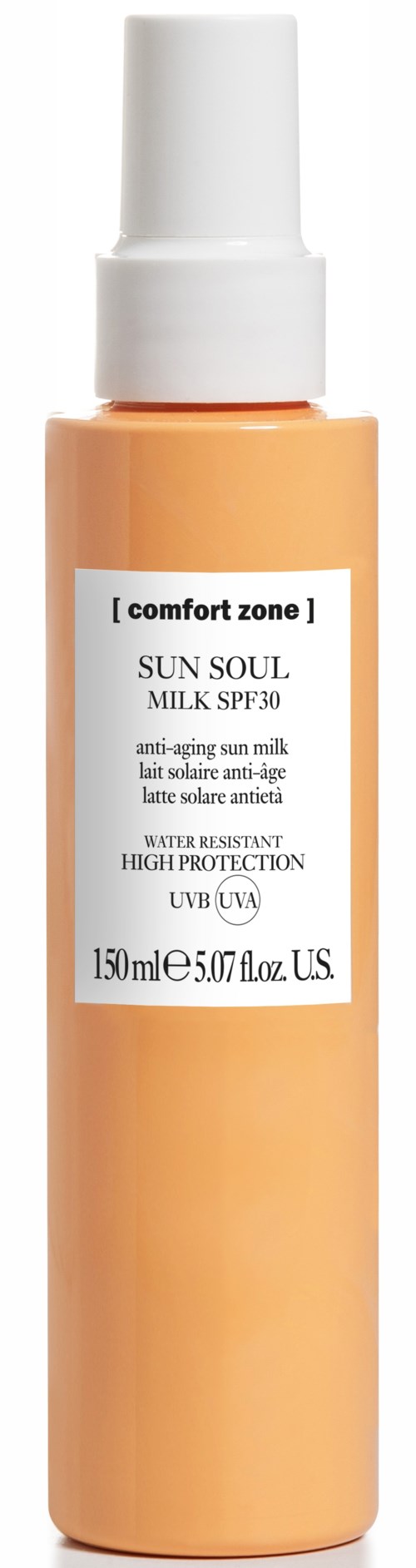 En beige flaska med vit pump, märkt som solskydd, SPF 30, för huden, med 130 ml kapacitet.