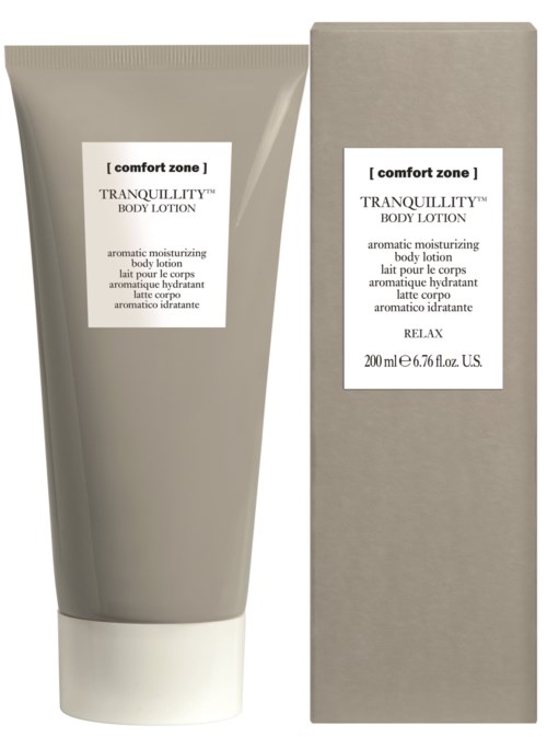 En tube og eske med Comfort Zone Tranquillity kroppslotion, merket som aromatisk og fuktighetsgivende, 200 ml.