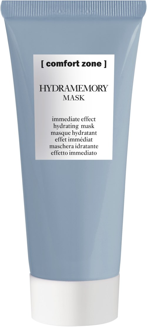 En lys blå tube med Hydramemory Mask fra Comfort Zone for umiddelbar hydreringseffekt.