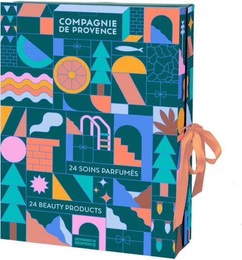 Colorful box with illustrations of nature, fish, stairs, and flowers, and text about perfumes and beauty products.