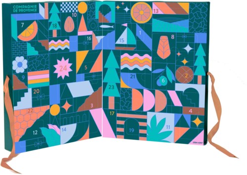 Colorful advent calendar with numbered doors, trees, geometric shapes, and festive designs.