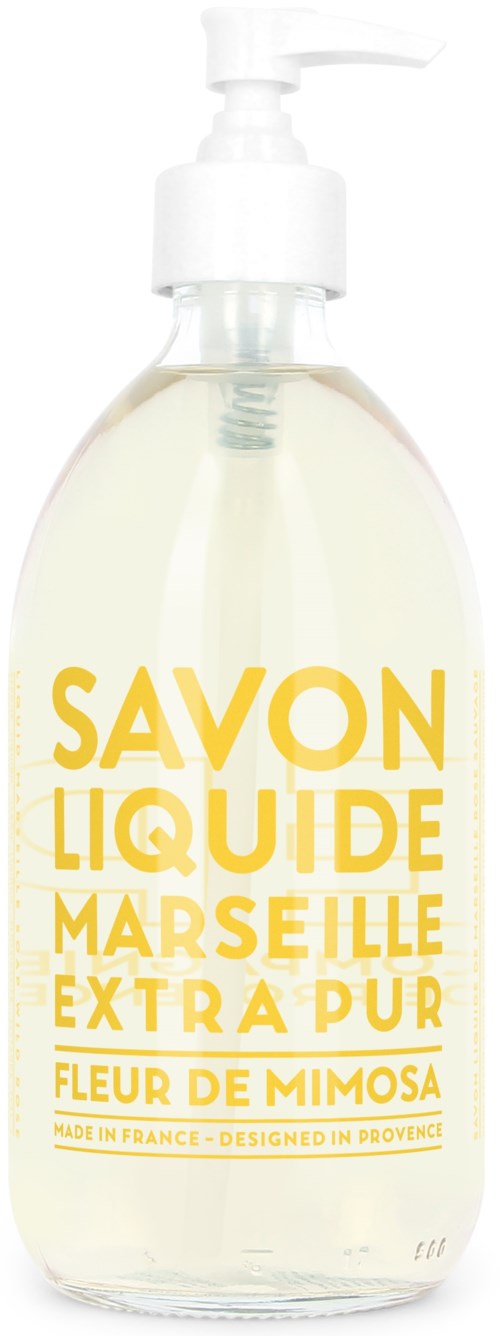 En tydlig doftfri handtvål i pumpflaska med gul text, kallad 'Savon Liquide Marseille Extra Pur Fleurd Mimosa'.