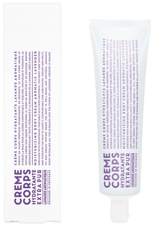 En tub och en förpackning av kroppscreme märkt 'Cream Corps Hydratant Hydrating Body Cream Extra Rich'. Förpackningen är vit med lila text.