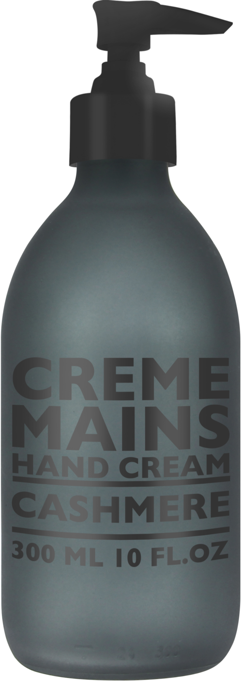 En grå håndkremflaske merket 'Creme Mains' med pumpe og 'Cashmere' duft, inneholder 300 ml.