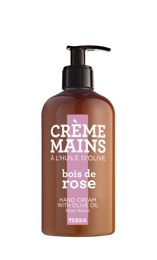 En handkrämsflaska märkt 'Rose Wood' med brun pump och rosa och vita texter.
