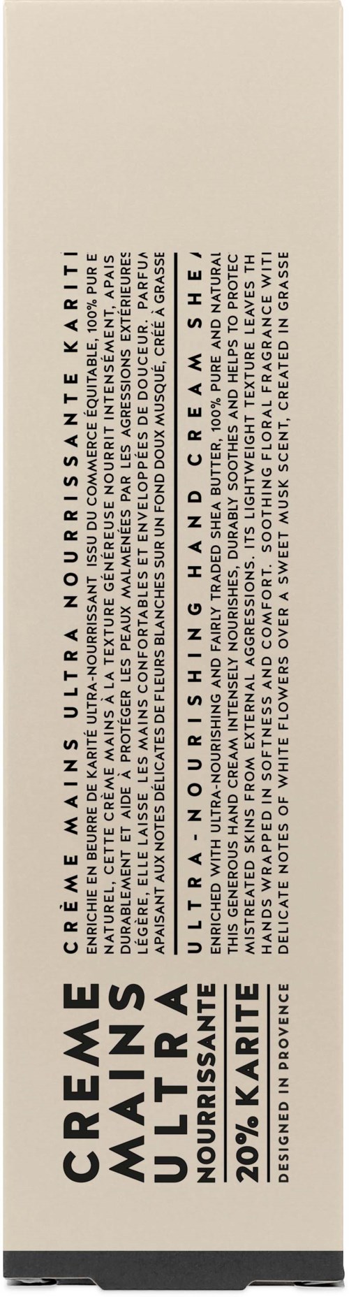 En vit förpackning för hudvård med svart text som beskriver dess fördelar och ingredienser.