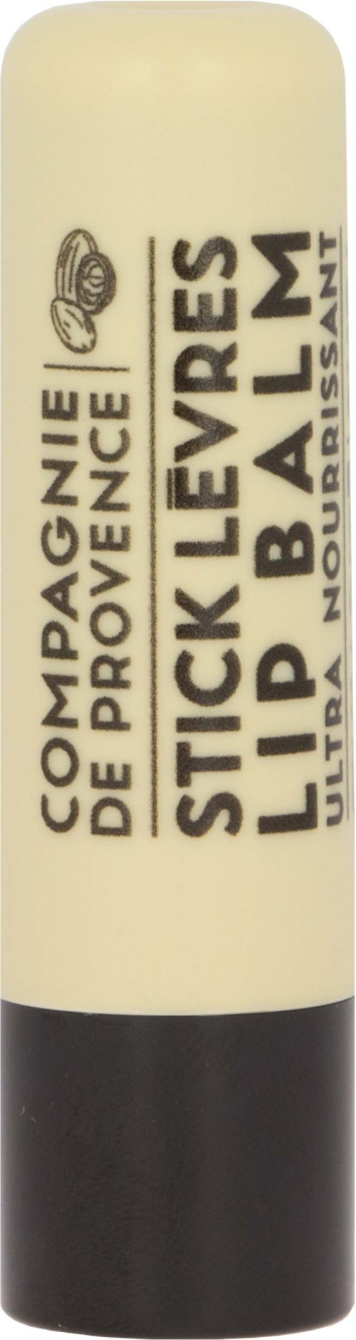 Leppestiftbalsam i lys beholder med svart bunn, inkluderer URL for Provence, Frankrike, og nevner ultraklar.