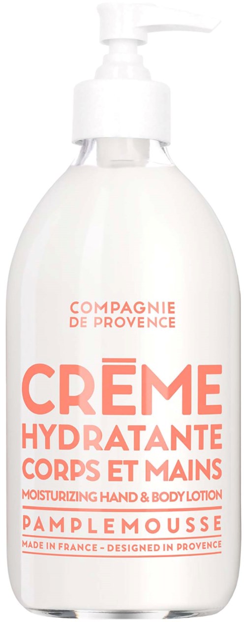 En hvit lotionflaske med pumpe, merket med oransje tekst som fuktighetsgivende krem for hender og kropp.