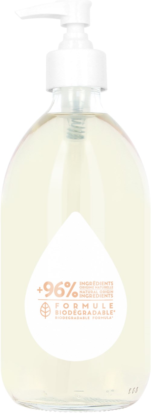 En transparent flytande tvålflaska med pump, visar 96% biologiskt nedbrytbara ingredienser och miljövänlig etikett.