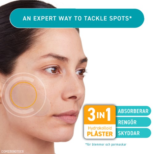The image promotes a 3-in-1 hydrocolloid patch that absorbs, cleans, and protects spots and pimples on the skin.