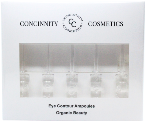 En låda med fem transparenta ögonkonturampuller från Concinnity Cosmetics, märkta 'Organic Beauty.'