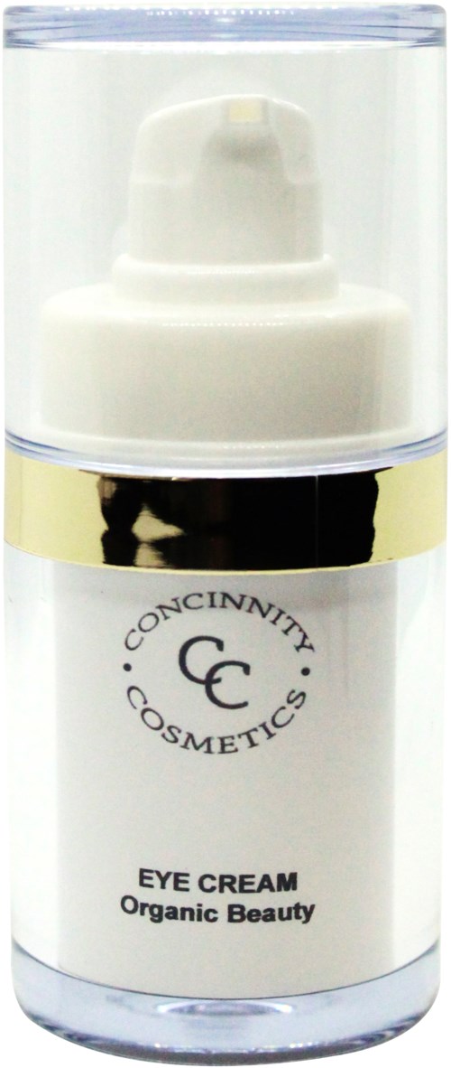 En vit flaska märkt 'Eye Cream Organic Beauty' med pump, förpackning för hudvårdsprodukt.