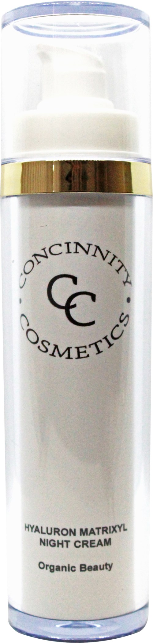 En vit flaska med pump, märkt som Concinnity Cosmetics Hyaluron Matrixyl Night Cream, med guldaccenter.