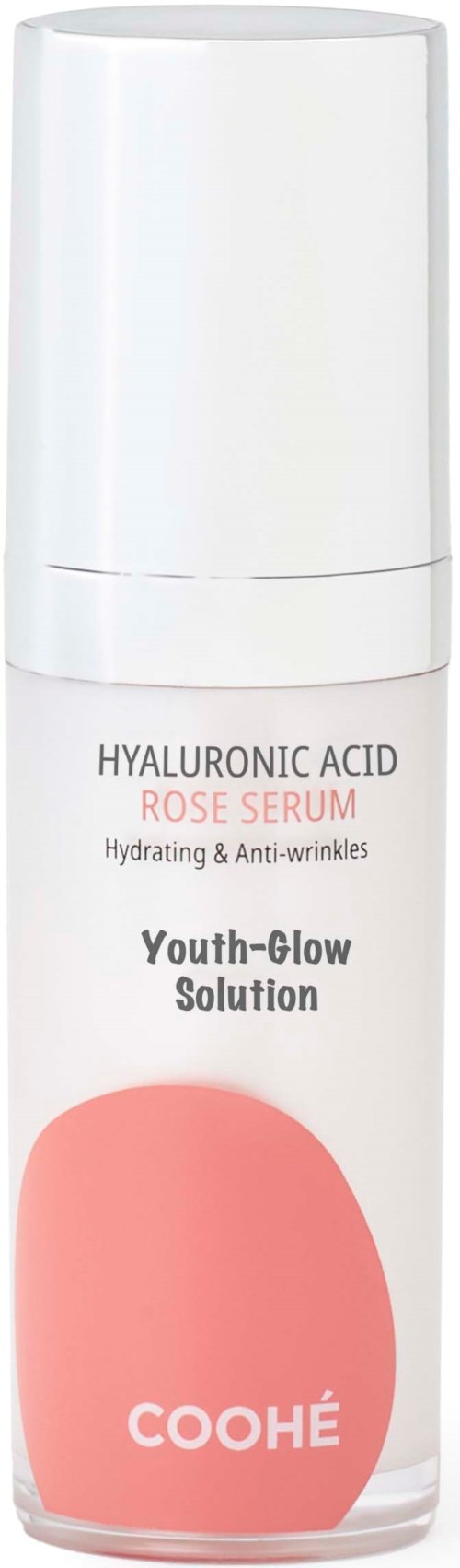 A white cosmetic bottle labeled 'Hyaluronic Acid Rose Serum' and 'Youth-Glow Solution' with a pink graphic at the bottom.