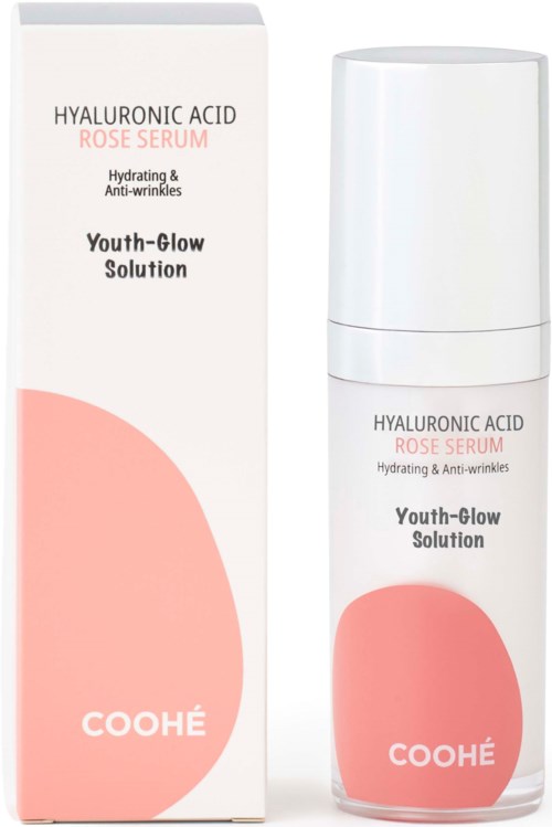 A skincare product called Hyaluronic Acid Rose Serum, with a white and pink bottle and its box, promoting hydration and anti-wrinkles.