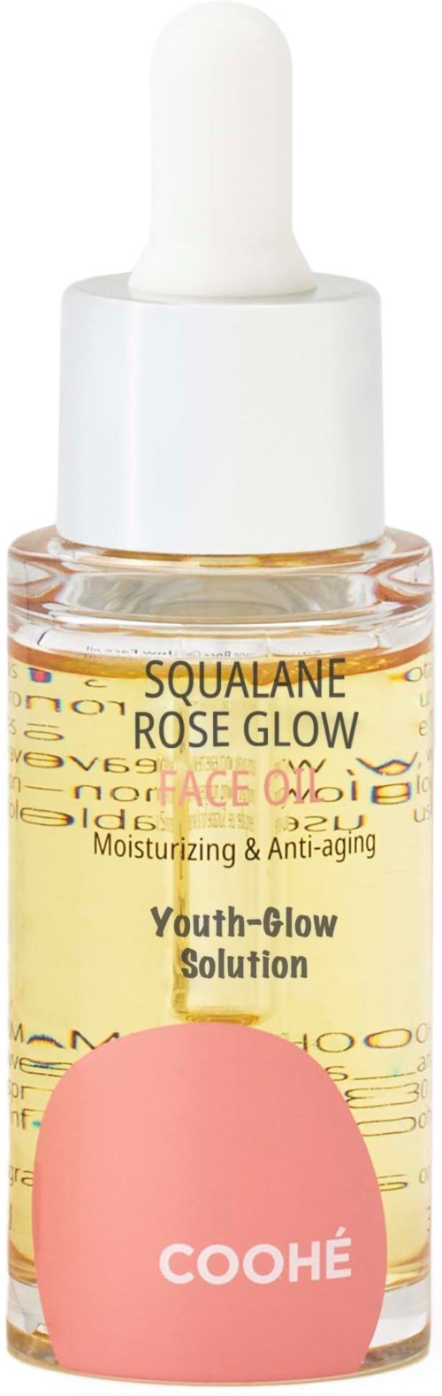 Kleine Flasche mit Tropfer, beschriftet "Soulean Rose Glow" und "Youth-Glow Solution," enthält ein Hautpflege-Serum. Süßer pinker Schwamm daneben.