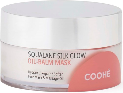 En hvid beholder med sølvlåg, mærket som Squalane Silk Glow Oil-Balm Mask af Cooh, til ansigtspleje og heling.