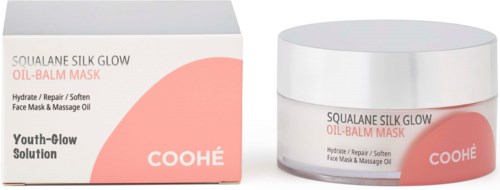 En krukke og æske med Coohe Squalane Silk Glow Oil-Balm Mask til ansigtsfugt og reparation.