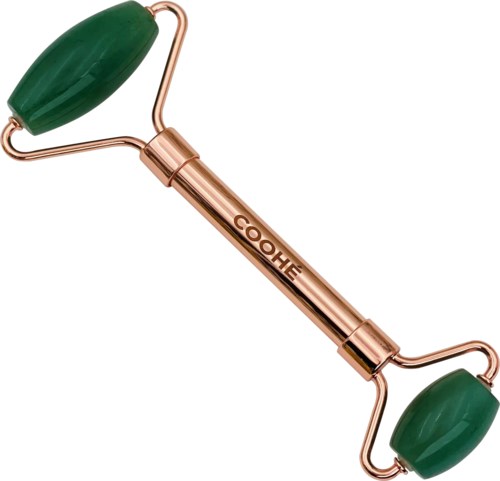 A facial roller with green stones and a metal handle, designed for skincare massage.