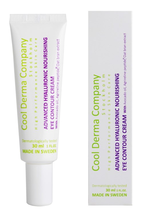 En vit tub och box av ögonkräm märkt 'Cool Derma Company' med grön och lila text, 30 ml storlek.