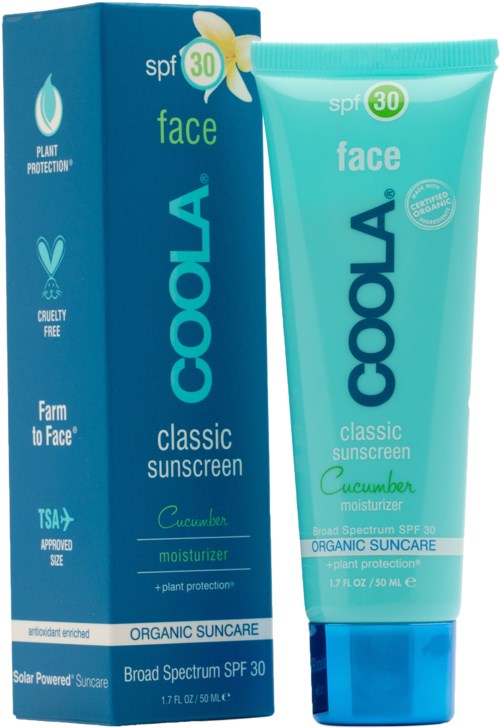 En tube og eske med Coola ansiktssolkrem med agurk, SPF 30, økologisk og fuktighetsgivende.