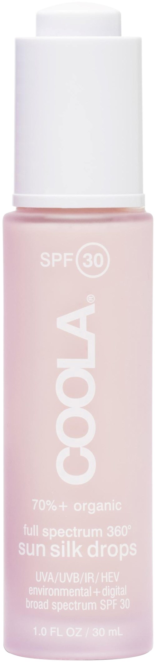 Różowa butelka z białą nakrętką, oznakowana 'Coola', SPF 30, ekologiczne krople słońca do ochrony skóry.