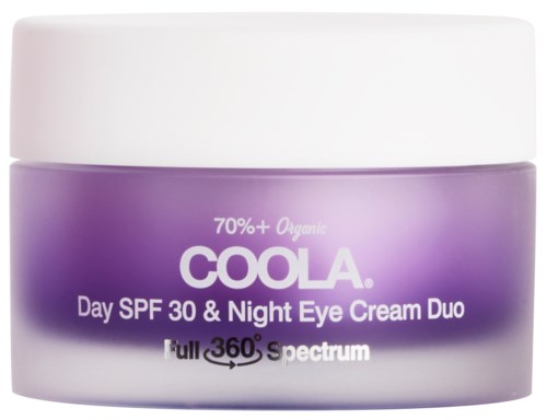 En lila och vit burk med texten 'COOLA Day SPF 30 & Night Eye Cream Duo' och 'Full 360° Spectrum'.