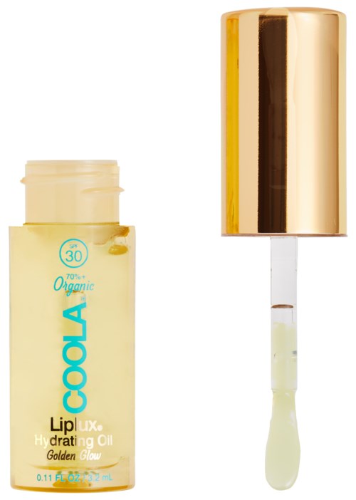 En märkt flaska av CoaLip Hydrating Oil med droppare och guldkapsel. Flaskan är ljusgul med blå text.