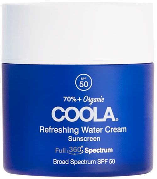 En blå burk med COOLLA friskande vattenkräm solkräm med SPF 50 och ekologiska ingredienser.