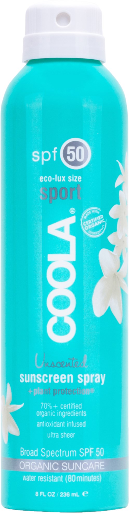 En blå flaske med Coola SPF 50 solcreme spray med hvid tekst og blomsterdesign.