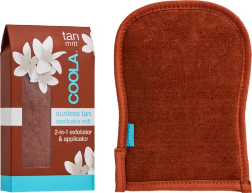 Ett solfritt brännmitts-set med förpackning, blommönster, orange färg och mjuk tygfyllning.