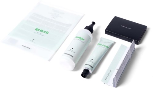 Ein Hautpflege-Set enthält Flasche, Tube, Palette und schwarze Box, alle im grünen und weißen Design.