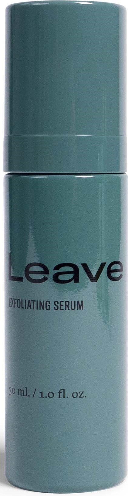 A blue bottle labeled 'Leave' skincare exfoliating serum with a pump top.