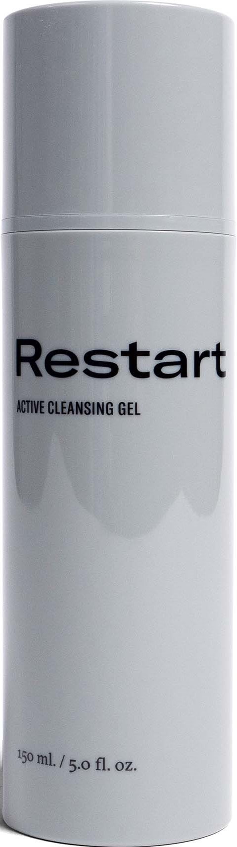 Valkoinen pyöreä pullo, joka lukee 'Restart Active Cleansing Gel', 150 ml.