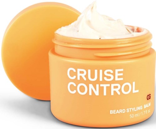 Żółty słoik z białym kremem, oznaczony 'Cruise Control' balsam do stylizacji brody, 50 ml.