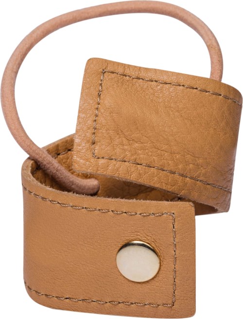 Leather strap with button and a handle, used for carrying or securing objects.