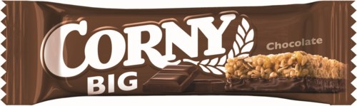 A chocolate bar named 'CORNY BIG' with an image of a wafer, chocolate pieces, and the word 'Chocolate' on packaging.
