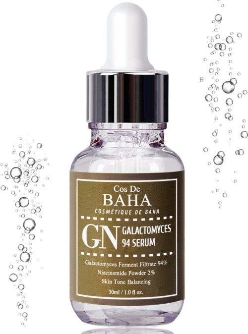 Eine kleine Glasflasche mit Tropfer, beschriftet als Hautserum mit 94 % Galactomyces Ferment Filtrate.