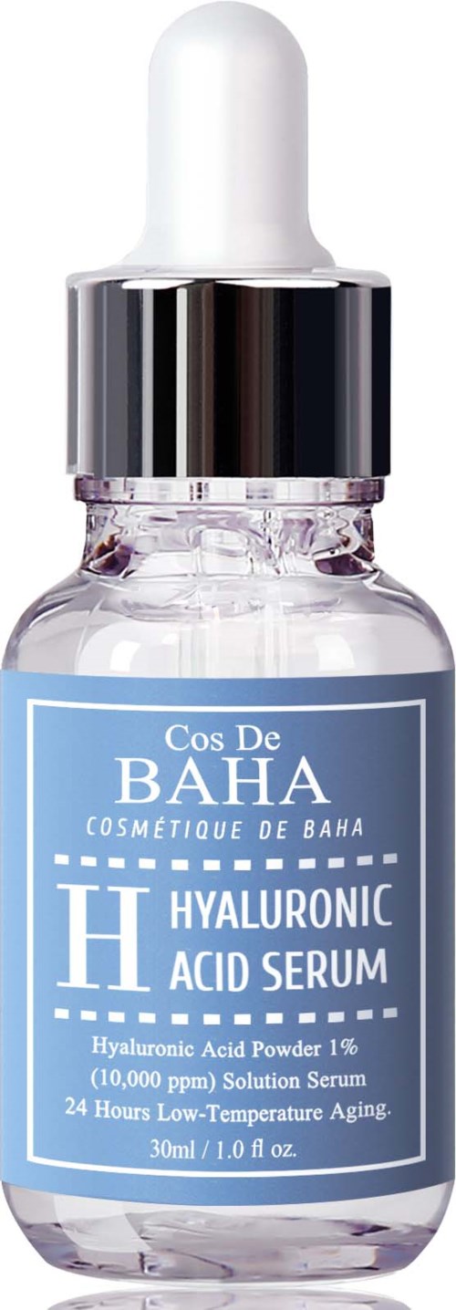 Eine kleine Glassflasche mit weißer Pipettenkappe enthält Hyaluronsäure-Serum, beschriftet mit blauer und weißer Schrift.