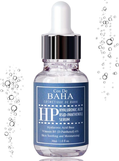 Pieni lasipullo pipetillä, nimeltä 'Hyaluronic Acid B5 Serum', ympäröity vesikuplilla.