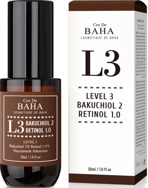 Pieni ruskea pullo mustalla korkilla ja laatikko, joka näyttää ihonhoitotuotteen tiedot, kuten retinol ja bakuchiol.