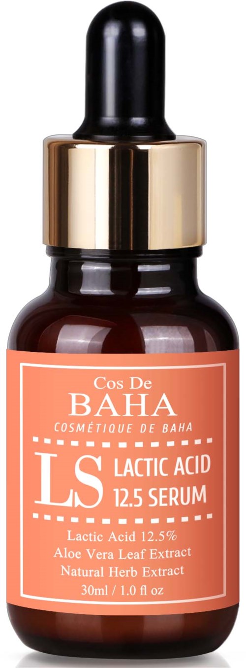 Een kleine bruine fles met een zwarte pipetdop bevat Lactic Acid 12,5% serum met aloë vera en kruidenextracten.