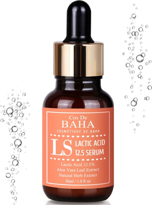 Bruine glazen druppelfles met label 'Lactic Acid 12.5% Serum' en goudkleurige dop, omgeven door waterbellen.