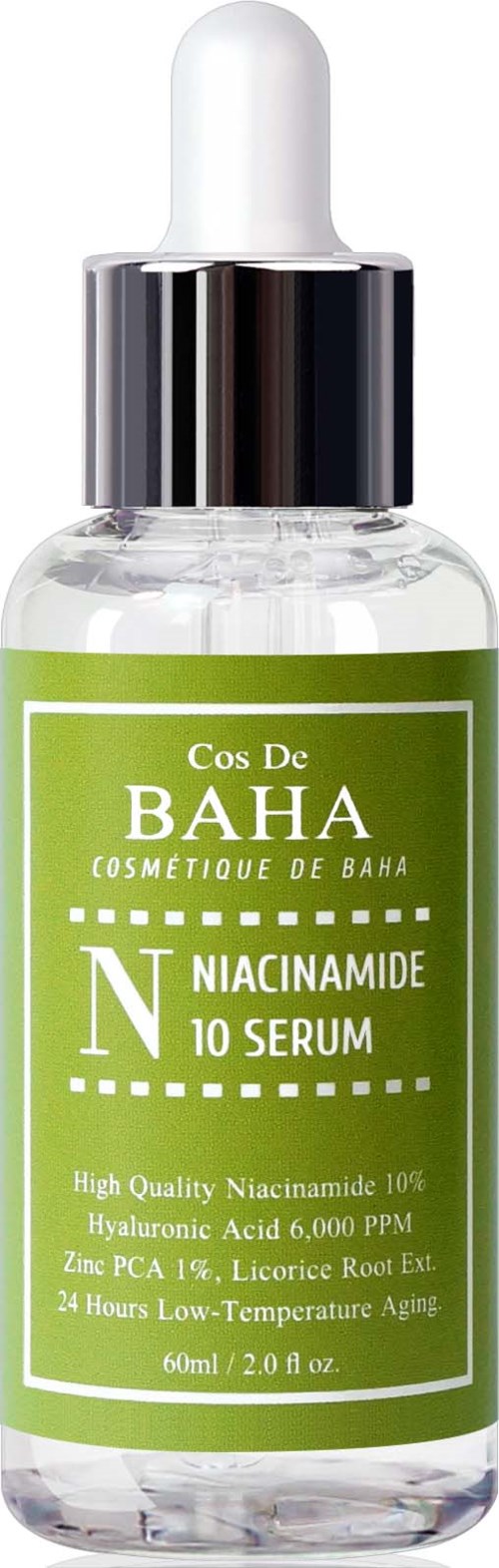 Eine kleine klare Flasche mit weißem Tropfverschluss, beschriftet mit 'Niacinamide 10 Serum' in grün und weiß.