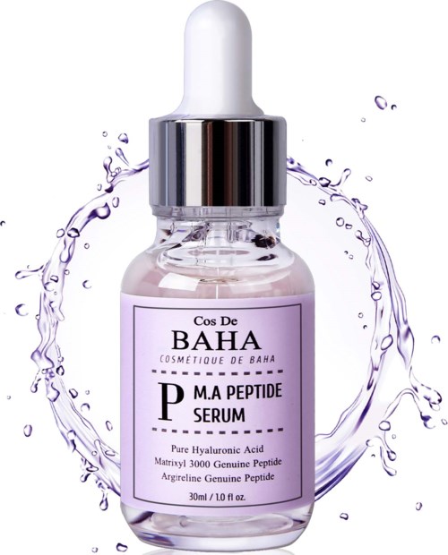 Pieni lasipullo, jossa on valkoinen pipettilusikka, merkattu 'BAHA' ja 'P.MA PEPTIDE SERUM', vedenpisaroiden ympäröimä.