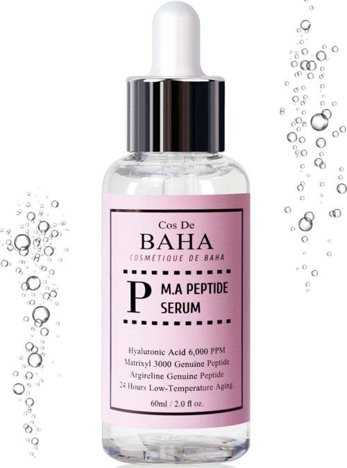 Selkeä seerumipullo tipparuuprulla, merkintä 'Baha Peptide Serum,' ympärillä vesipisaroita ja kuplia.