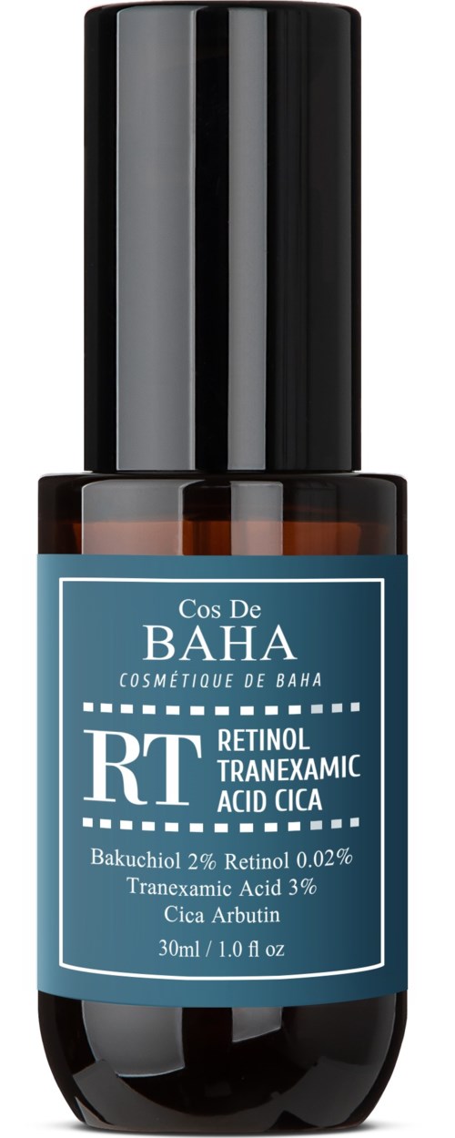 En liten mörk flaska med blå etikett för hudvård, innehåller retinol, tranexamsyra och cica, 30 ml.